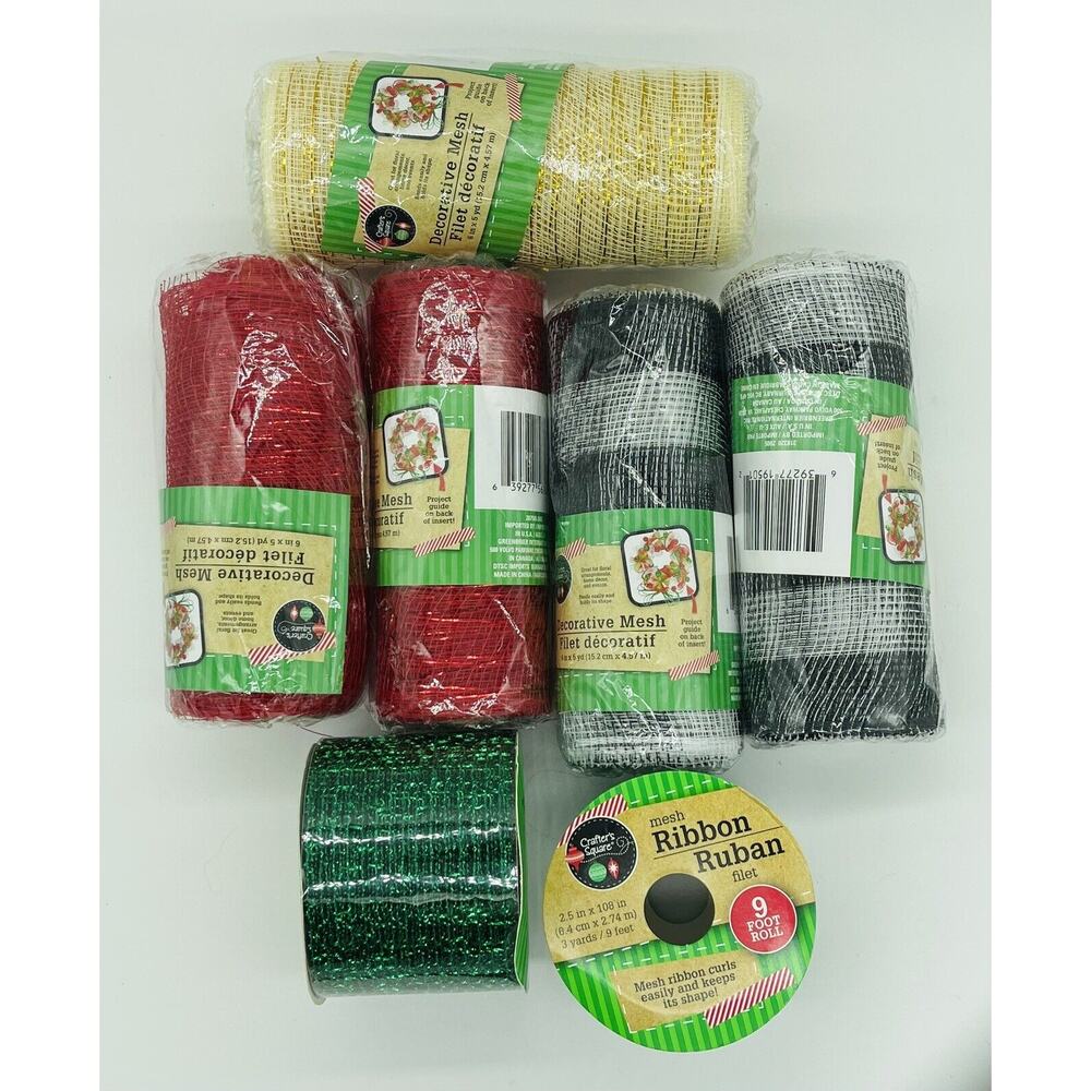 Set Of 7 Crafter's Square Decorative Mesh/ Black Red‎ Gold & Green Mesh Ribbon